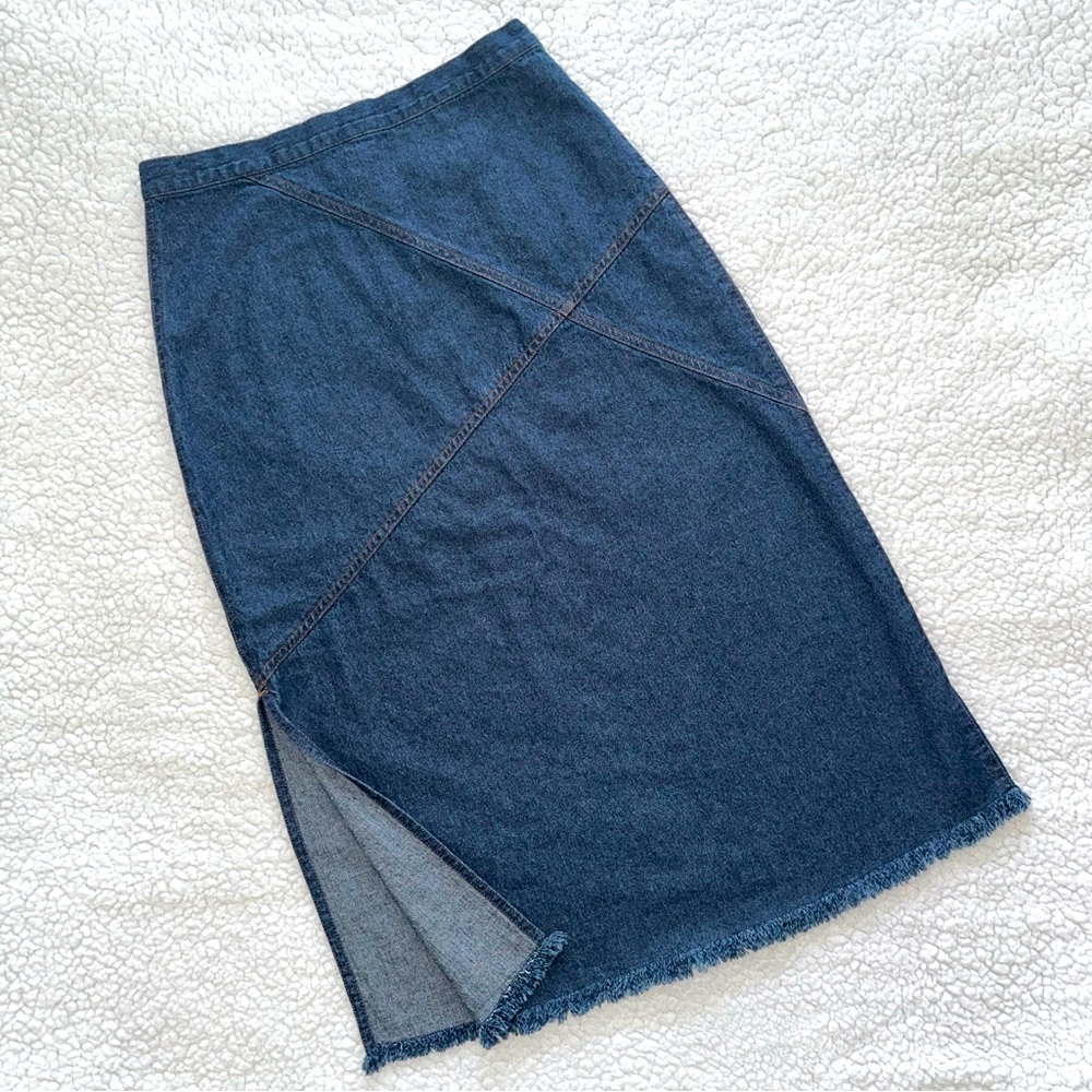 VTG long denim maxi skirt raw frayed bottom hem side slit western Y2K 90s jean 6